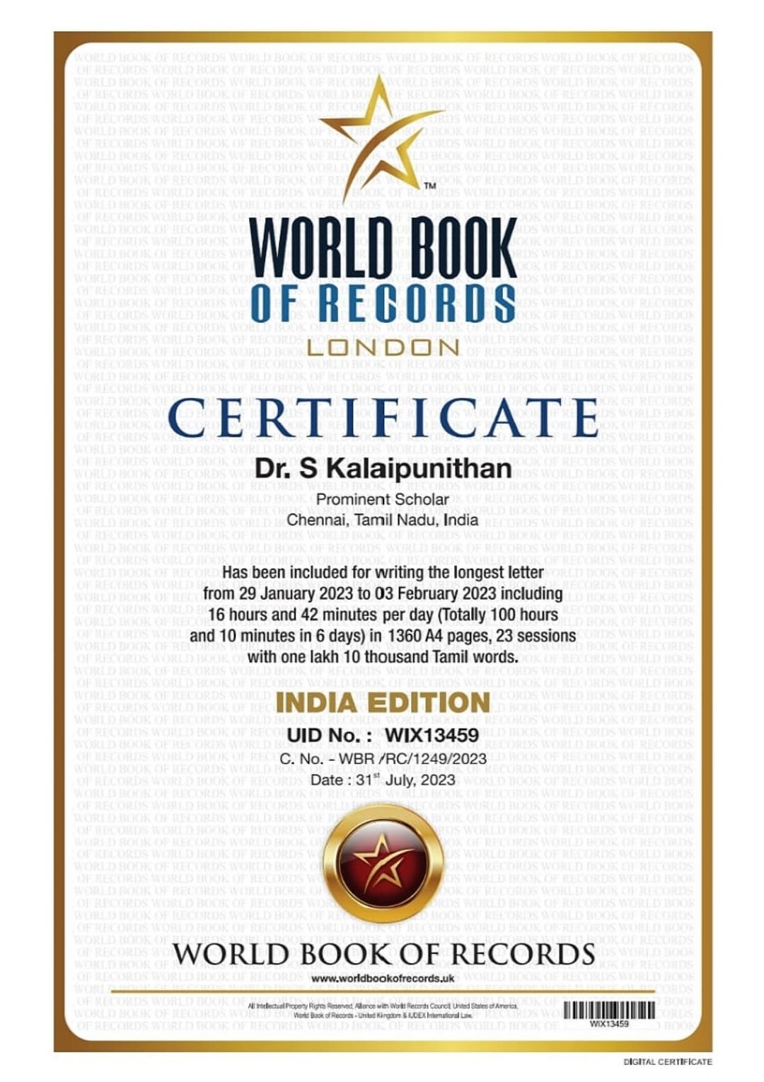 Certificate — longest letter writing 100 hours